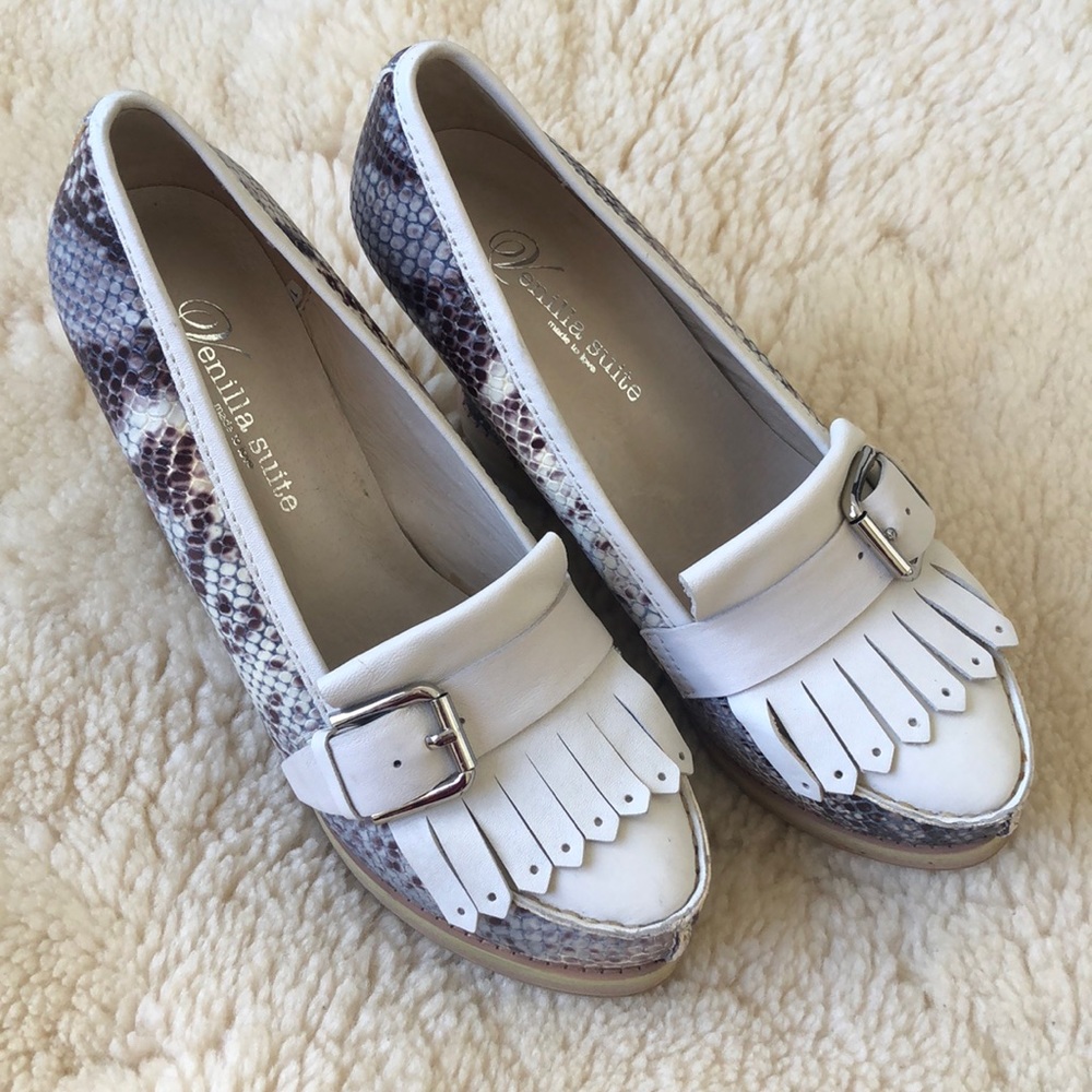 Snake print Fringed Leather Wedges - Picture 1 of 6